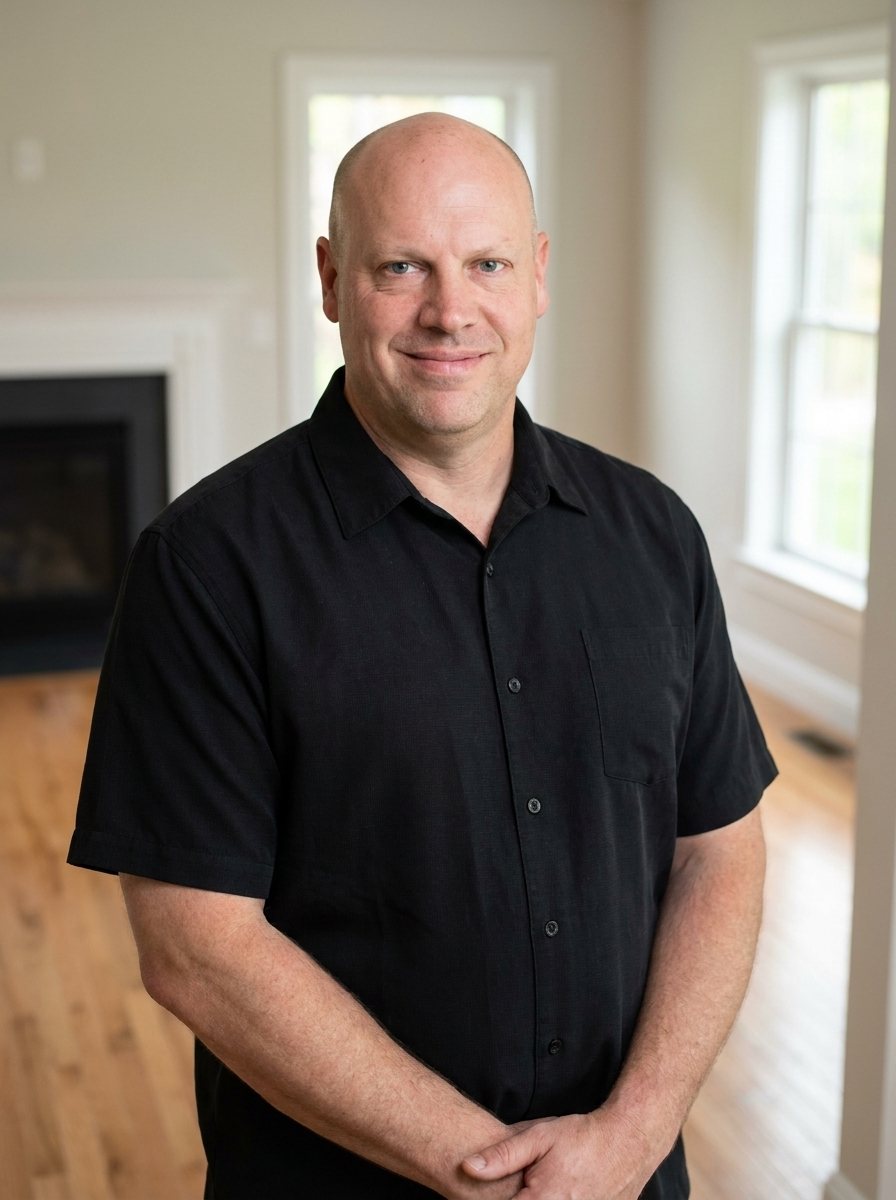 Shaun Humphreys, owner of ADF Flooring, standing in a room with a finished hardwood floor